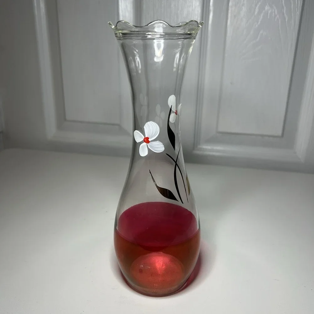 Vtg Bartlett Collins Hand-Painted Clear Glass Vase Ruffled Rim White‎ Red Floral